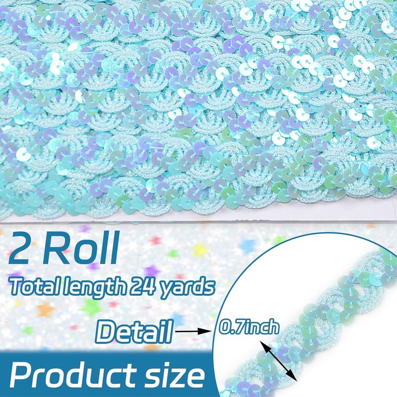 TACOLO Sequin Ribbon Trim 24 Yards Flat Glitter Ribbon, 2 Rolls Sequins Beaded Lace Trim for Sewing, DIY Crafts, Clothing, Headband, Embellishments (Sky Blue) - Image 2